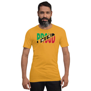 St. kitts Flag designed to spell Proud on a yellow color t-shirt worn by a black man.