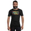 Grenada Flag designed to spell Proud on a  black color t-shirt worn by a black man.