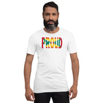 Grenada Flag designed to spell Proud on a white color t-shirt worn by a black man.