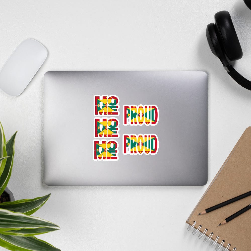  Grenada Flag stickers designed on the back of a gray laptop spelling HOME and PROUD.