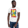 Grenada flag spelling HOME on black men wearing white color shirt