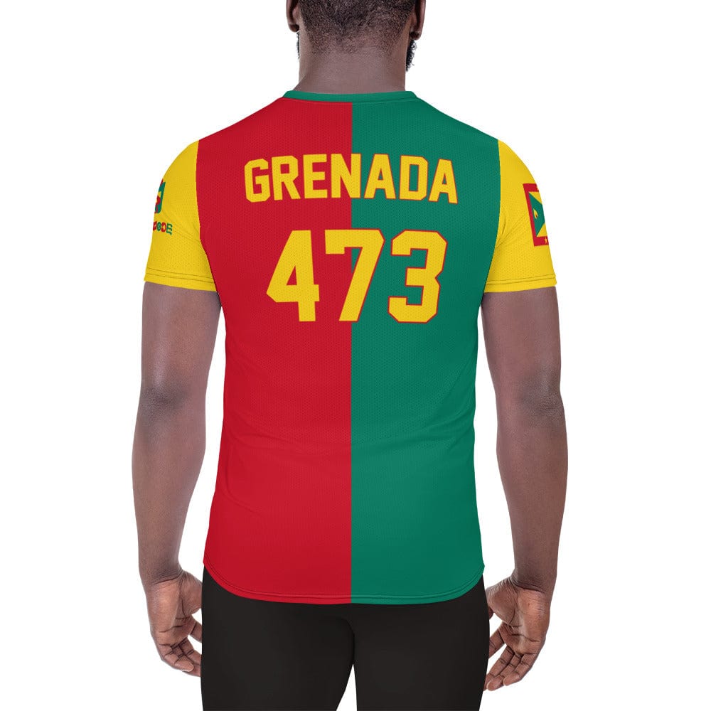 Grenada football shirt showing the back on a black man.