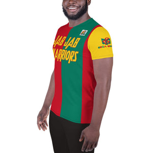 Grenada football shirt showing the left side on a black man.