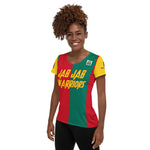 Grenada football shirt showing the left side on a black women.