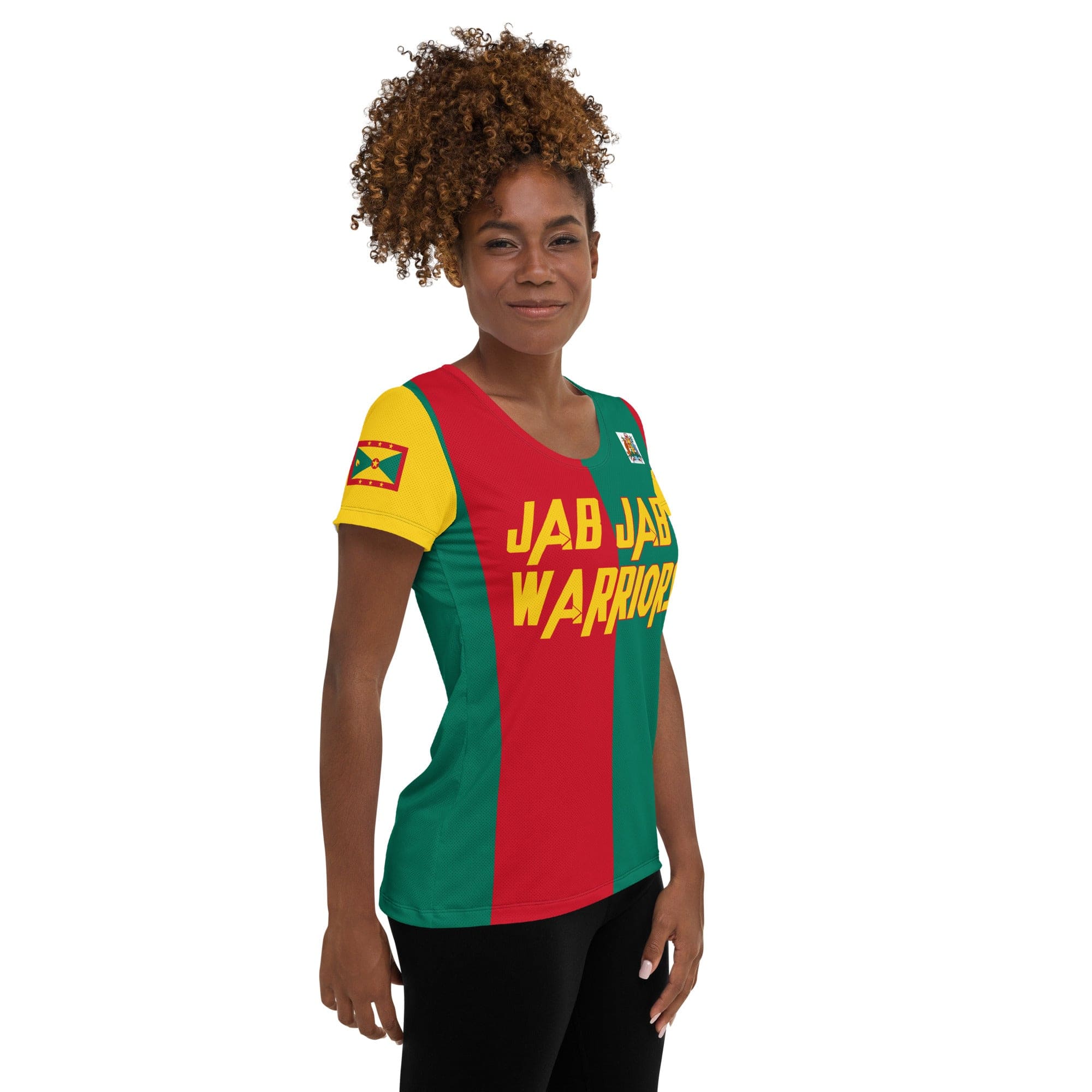 Grenada football shirt showing the right side on a black women.