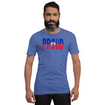 Haiti Flag designed to spell Proud on a blue color t-shirt worn by a black man.