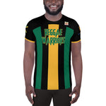 A Jamaica football men's shirt in Jamaica flag colors of green, black, and yellow showing the front of a black man.