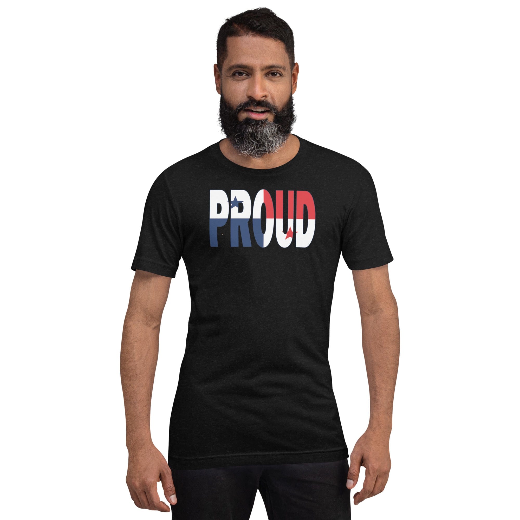 Panama Flag designed to spell Proud on a black color t-shirt worn by a black man.